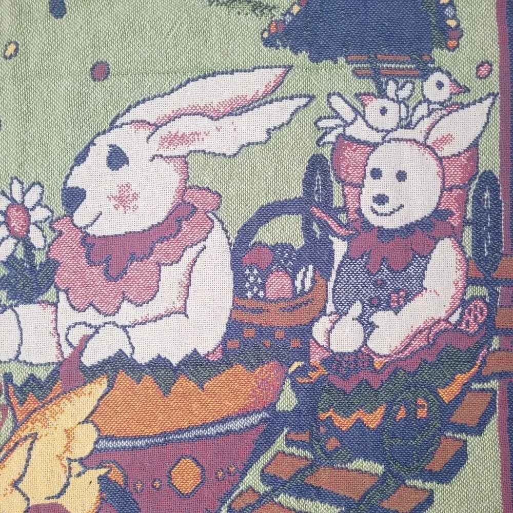 Vintage Tapestry Throw Blanket Easter Spring Bunnys Rabbits Chicks Large 72 x 48